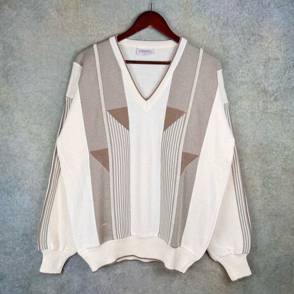 VTG 90s Gabicci Knit Sweater XL Tan Beige Made In Italy Soprano Style Geometric - Picture 1 of 8